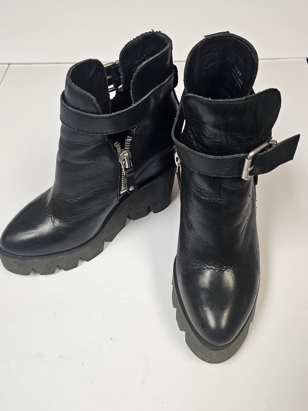 Ash Black Leather Platform Ankle Booties with Buckle Strap